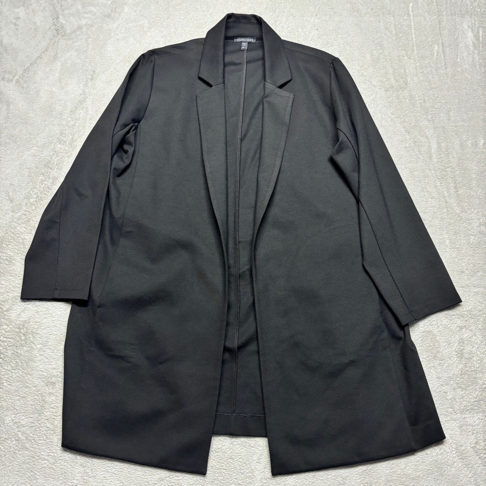 Eileen Fisher Jacket Womens L Long Flex Ponte Blazer Black Open Front EUC